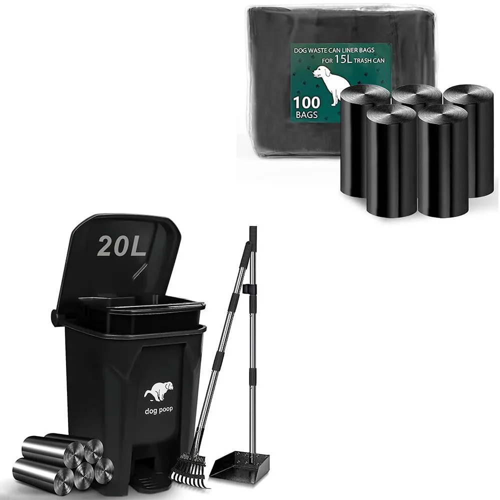 Dog Poop Trash Can for Outdoors with Pooper Scooper, Dog Waste Trash Can with Lid, Pedal and Removable Inner Waste Bin, Heavy Duty Metal Rake & Tray and 200pcs Poop Bags, Black