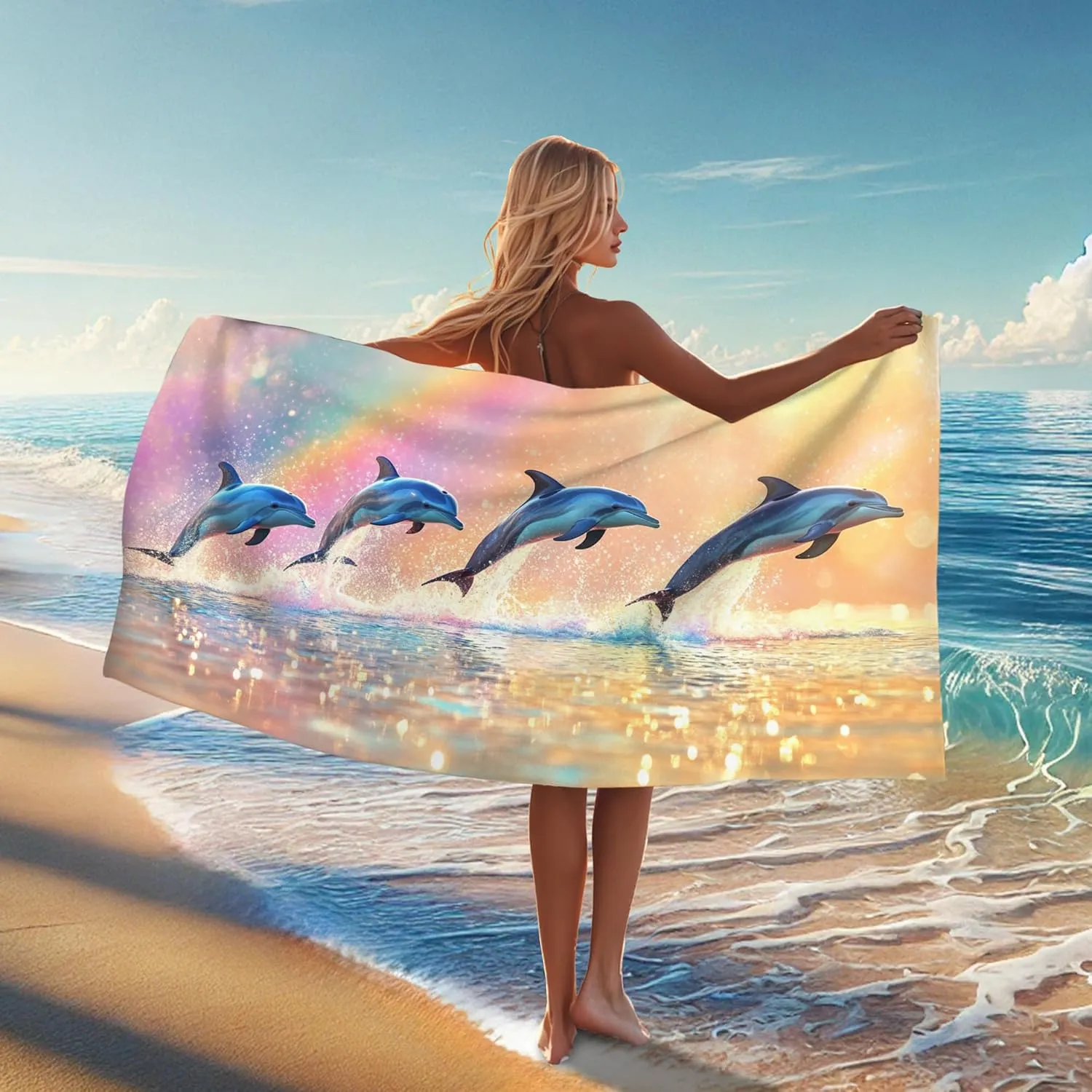 Dolphin Art Microfiber Beach Towel Aqua Oceanic Design Quick Dry Absorbent Soft Sand Free Lightweight Beach Blanket, Summer Pool Picnic Essentials 70x35 Inch