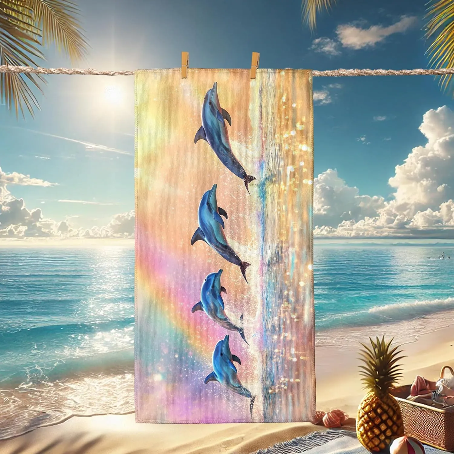 Dolphin Art Microfiber Beach Towel Aqua Oceanic Design Quick Dry Absorbent Soft Sand Free Lightweight Beach Blanket, Summer Pool Picnic Essentials 70x35 Inch