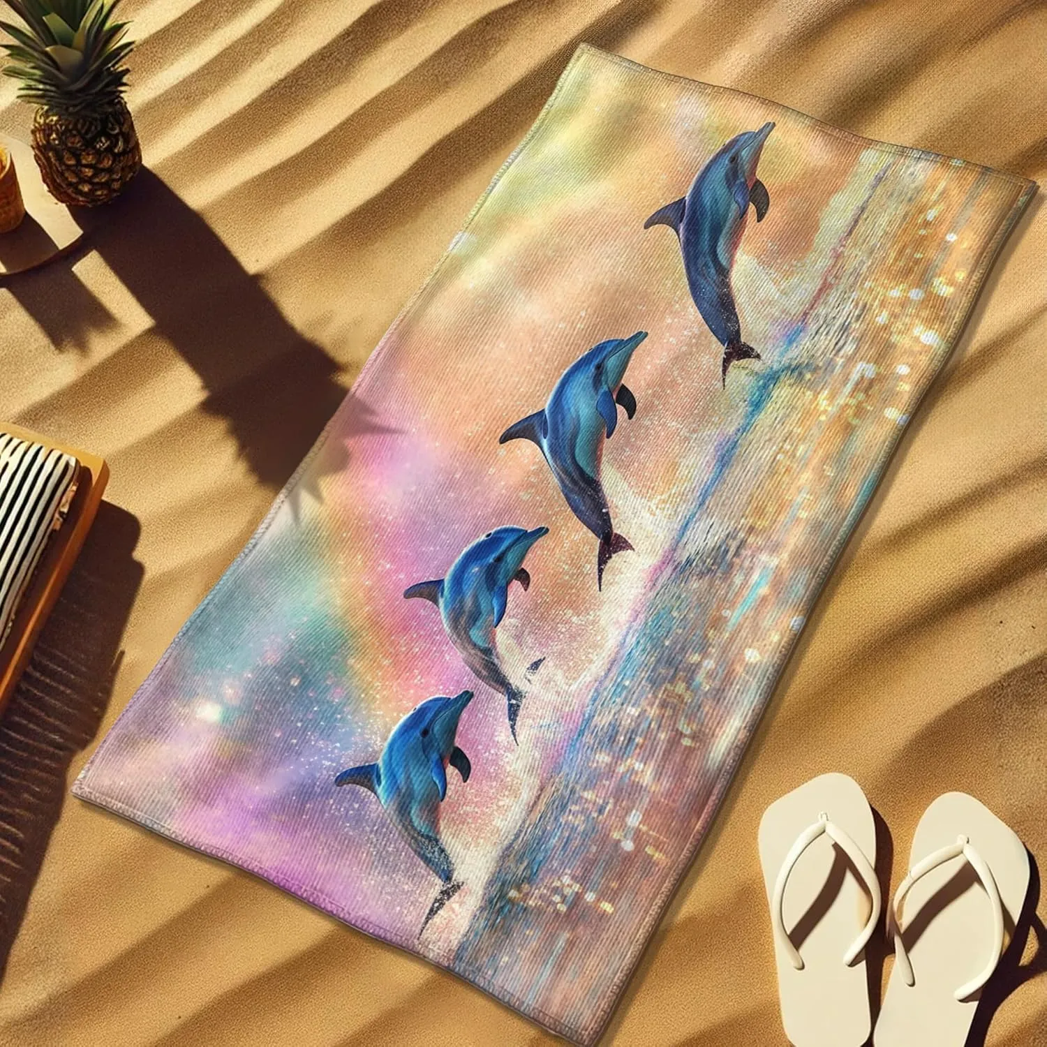 Dolphin Art Microfiber Beach Towel Aqua Oceanic Design Quick Dry Absorbent Soft Sand Free Lightweight Beach Blanket, Summer Pool Picnic Essentials 70x35 Inch