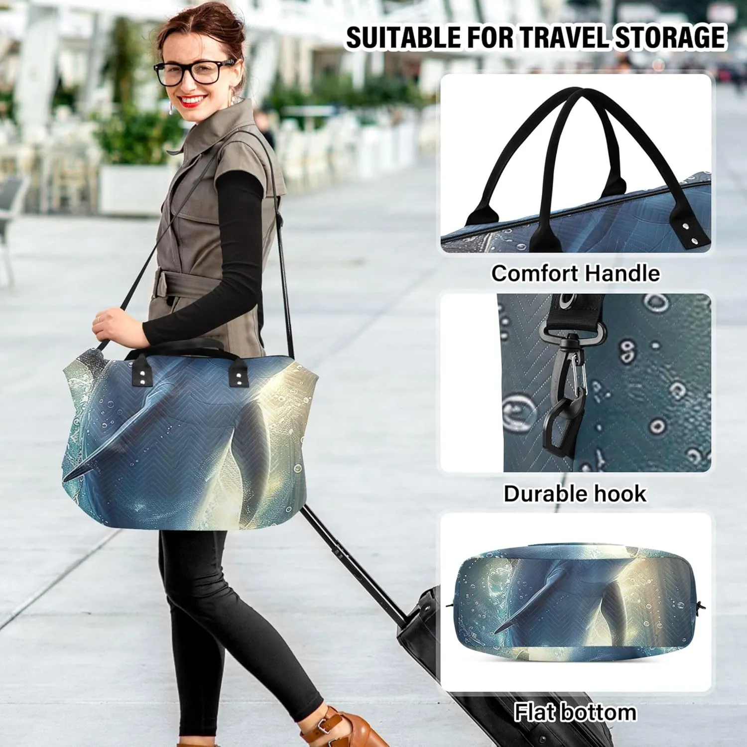 Dolphin Sea Animal Duffel Bags Travel Makeup Pouch Set of 2, Floral Womens Luggage Bags Duffle Carry on Bag