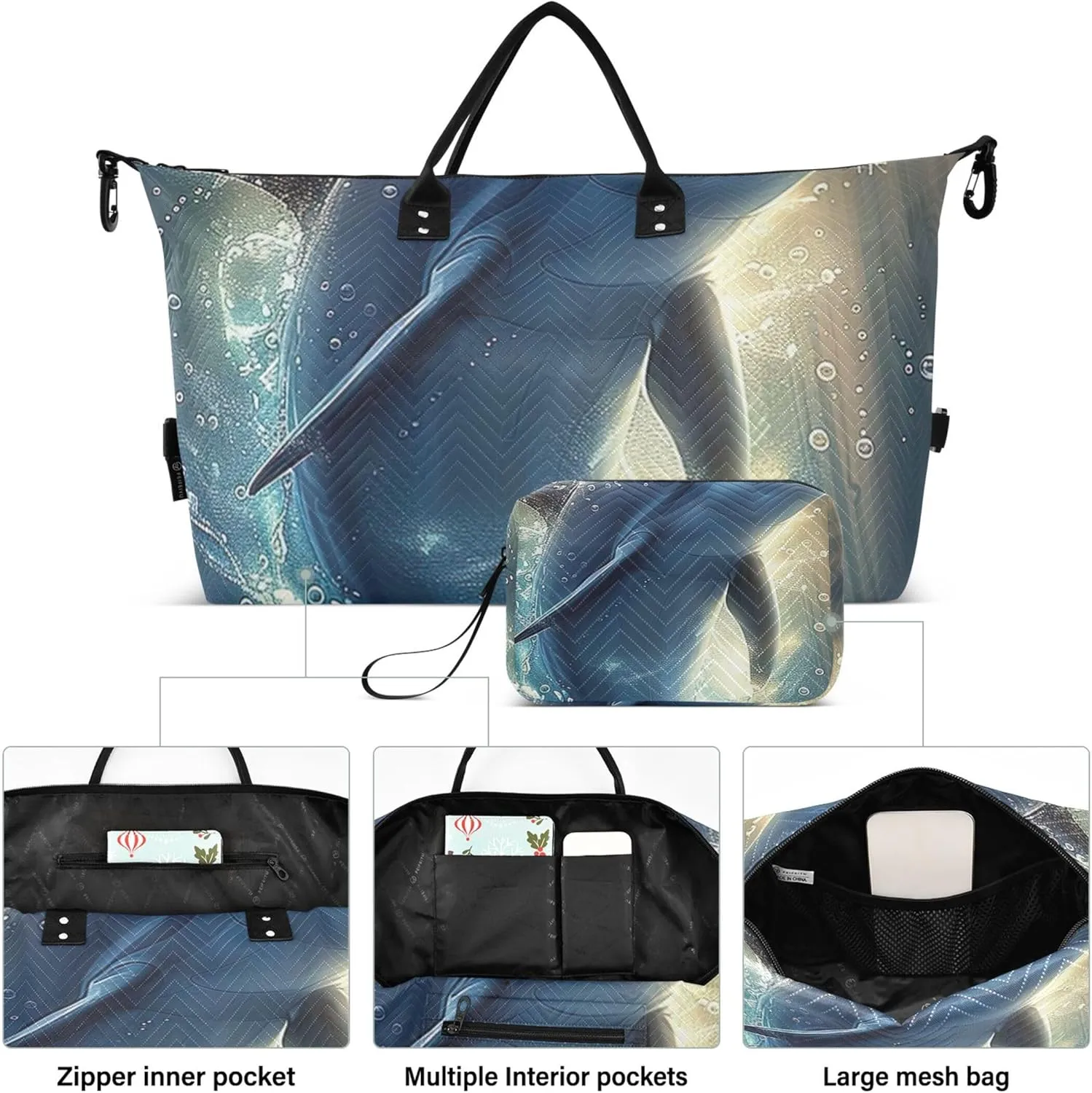 Dolphin Sea Animal Duffel Bags Travel Makeup Pouch Set of 2, Floral Womens Luggage Bags Duffle Carry on Bag