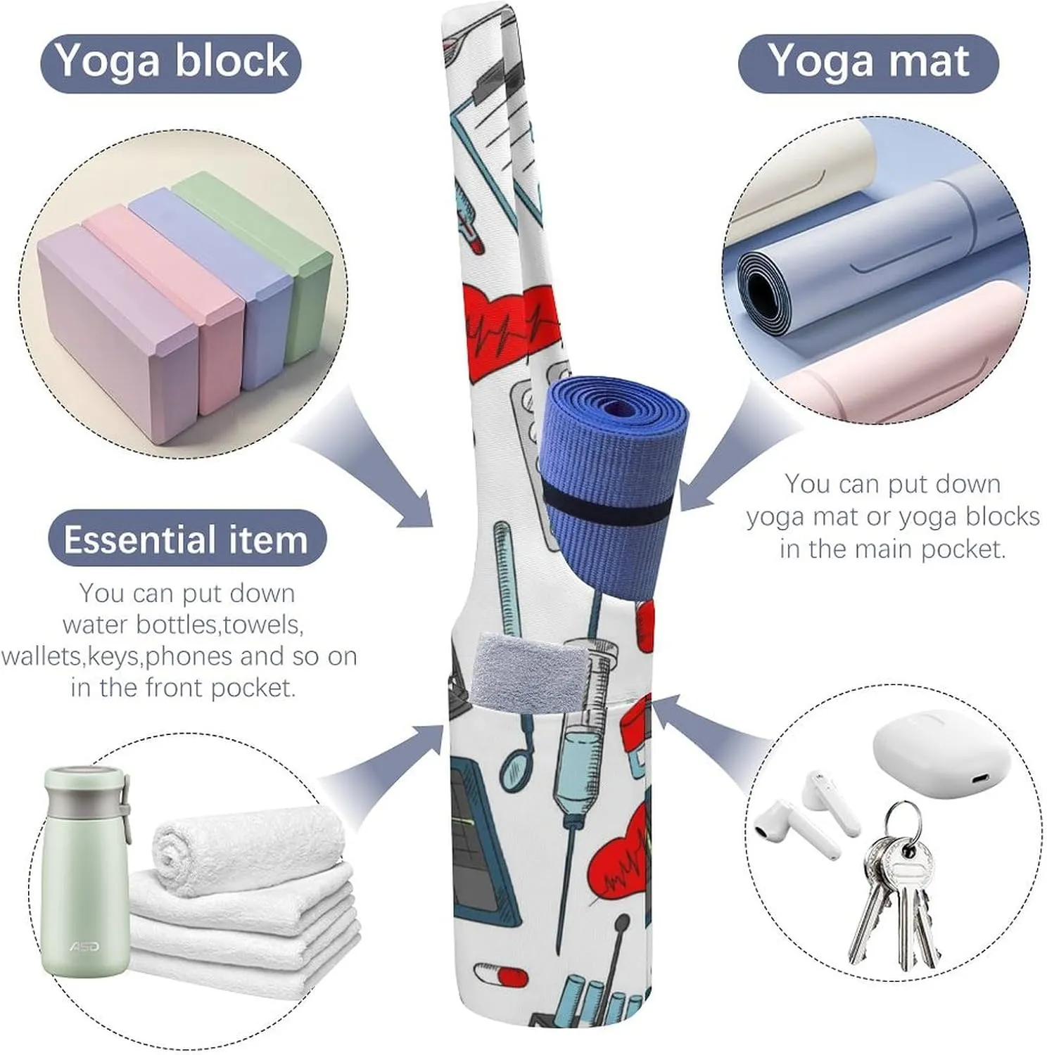 Donnapink Yoga Mat Bag, Canvas Storage Bag with Pocket Shoulder Strap, Fashion Mat Bag