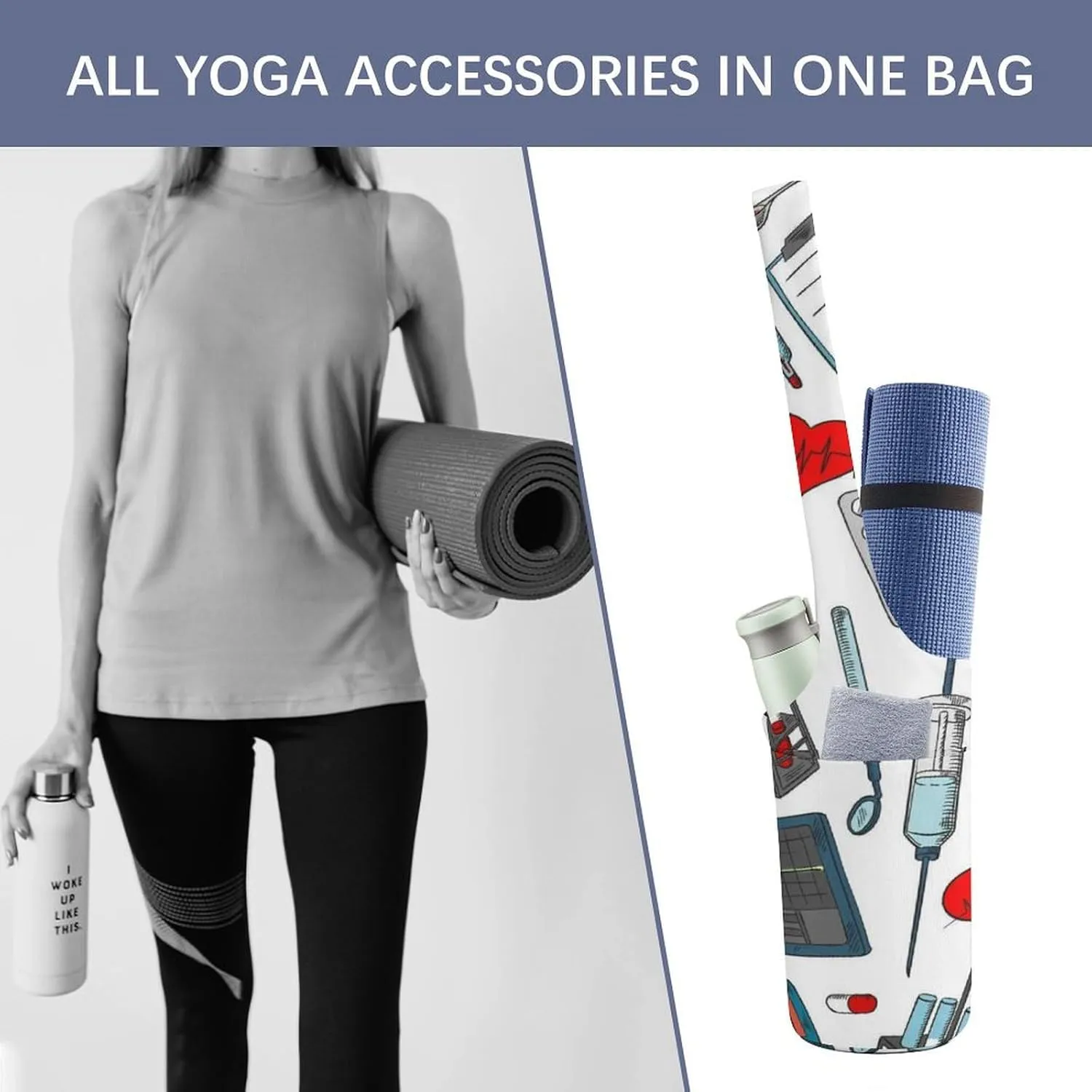 Donnapink Yoga Mat Bag, Canvas Storage Bag with Pocket Shoulder Strap, Fashion Mat Bag
