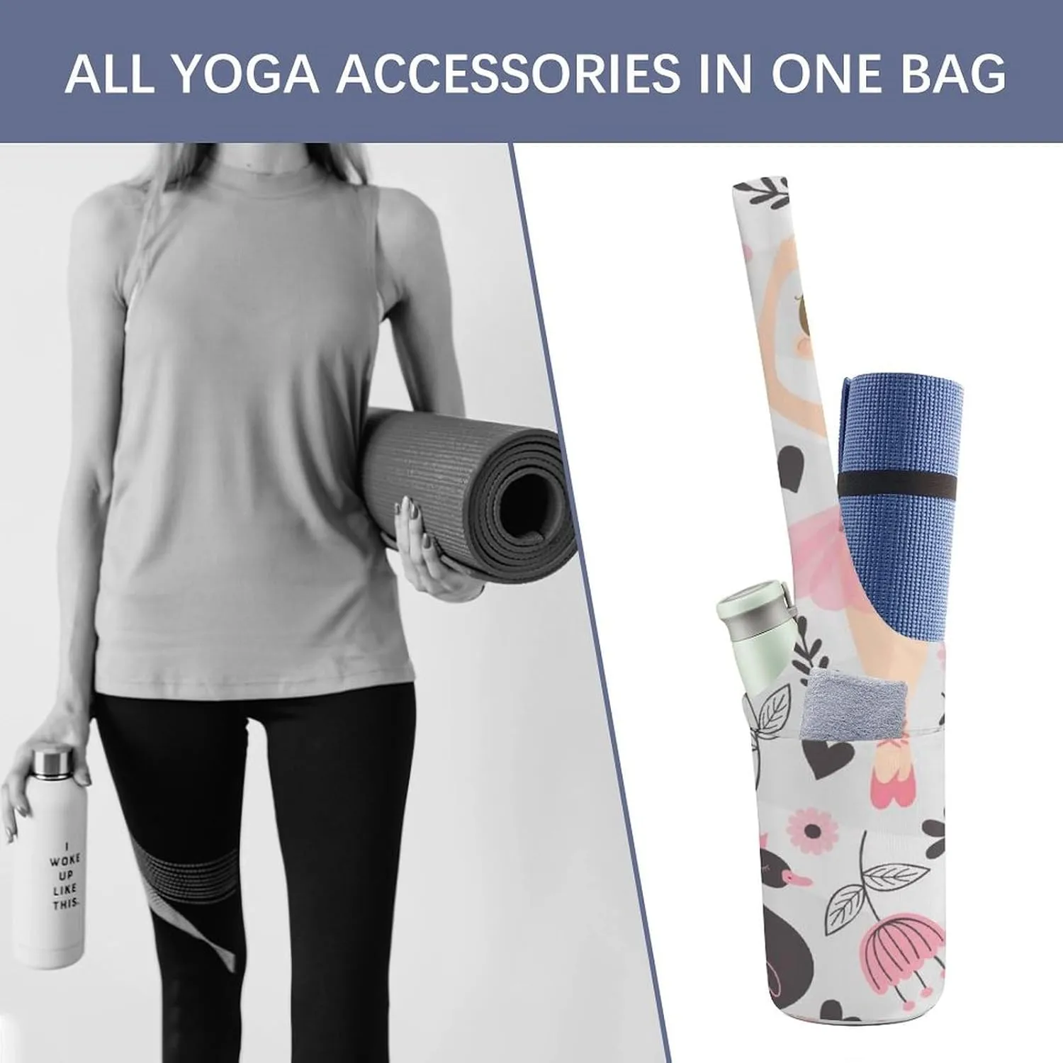 Donnapink Yoga Mat Bag, Canvas Storage Bag with Pocket Shoulder Strap, Fashion Mat Bag
