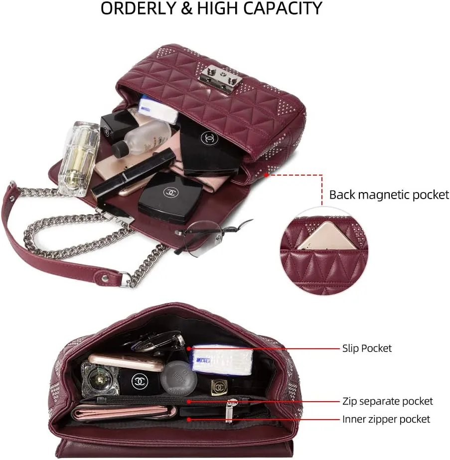 DORIS&JACKY Quilted Purse For Women Genuine Leather Shoulder Designer Handbags with Metal Chain Strap And Flap Lock