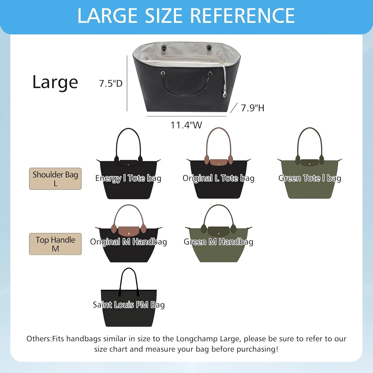 Doxo 2025 DupontPaper Purse Organizer Insert for Longchamp LePliage Large,Fixed Handle, Bag Shaper with Key Leash& 16 Compartments, Upgraded Elastic Cup Holder(Black-White，L)