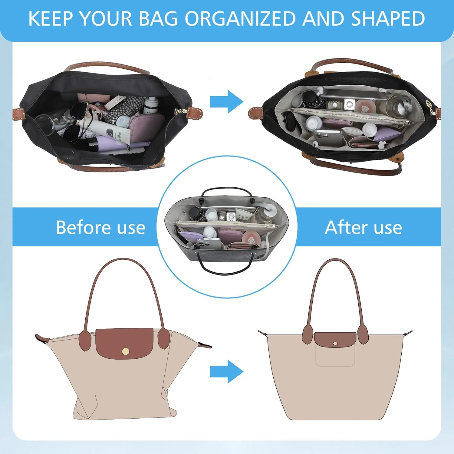 Doxo 2025 DupontPaper Purse Organizer Insert for Longchamp LePliage Large,Fixed Handle, Bag Shaper with Key Leash& 16 Compartments, Upgraded Elastic Cup Holder(Black-White，L)