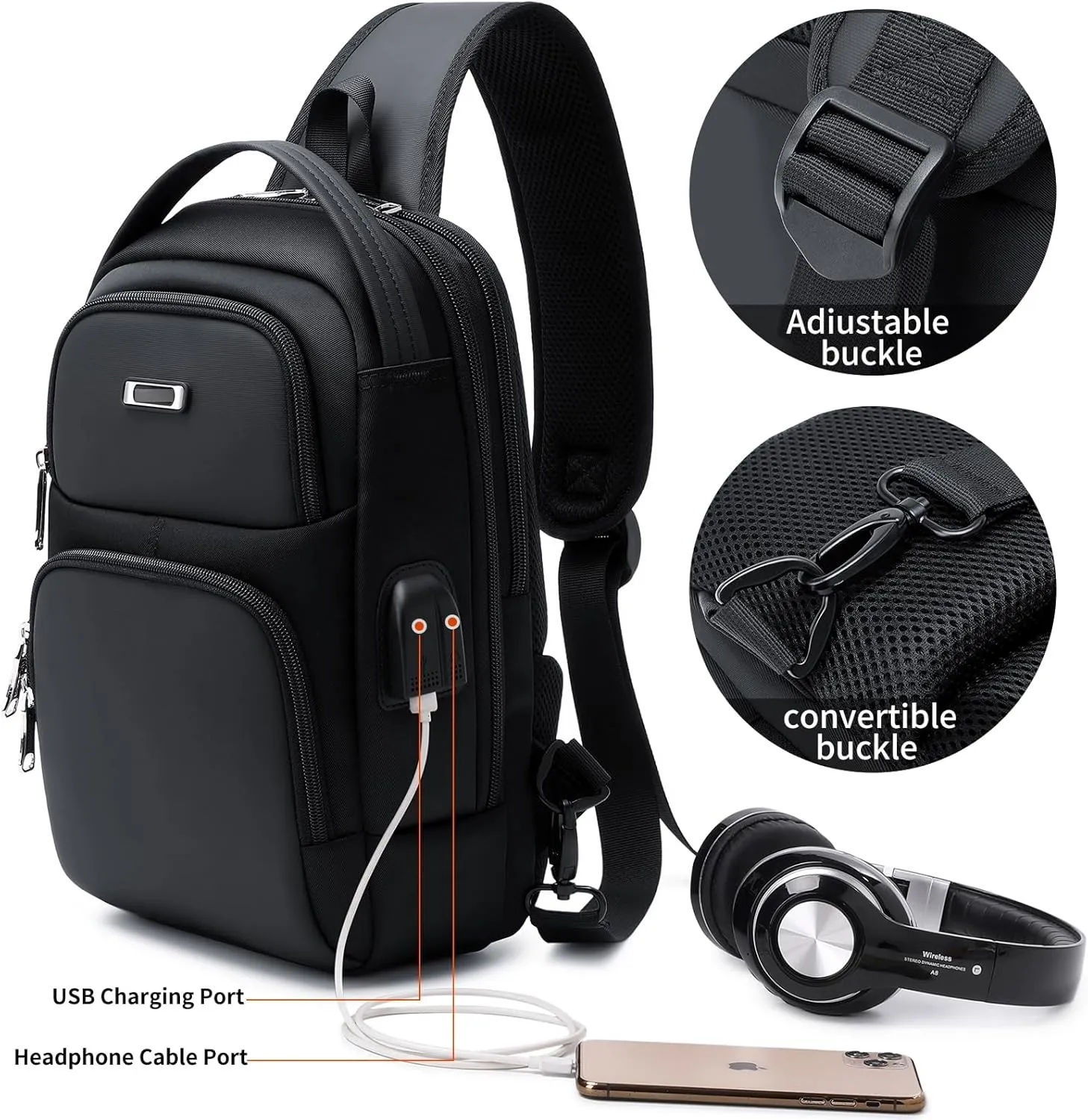 DUSLANG Crossbody Hiking Daypack for Men, Shoulder Backpack Crossbody Chest Bags with USB Charger Port For Outdoor Camping Biking Travel Cycling
