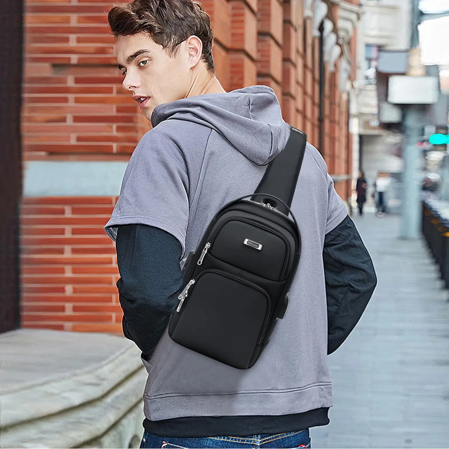 DUSLANG Crossbody Hiking Daypack for Men, Shoulder Backpack Crossbody Chest Bags with USB Charger Port For Outdoor Camping Biking Travel Cycling