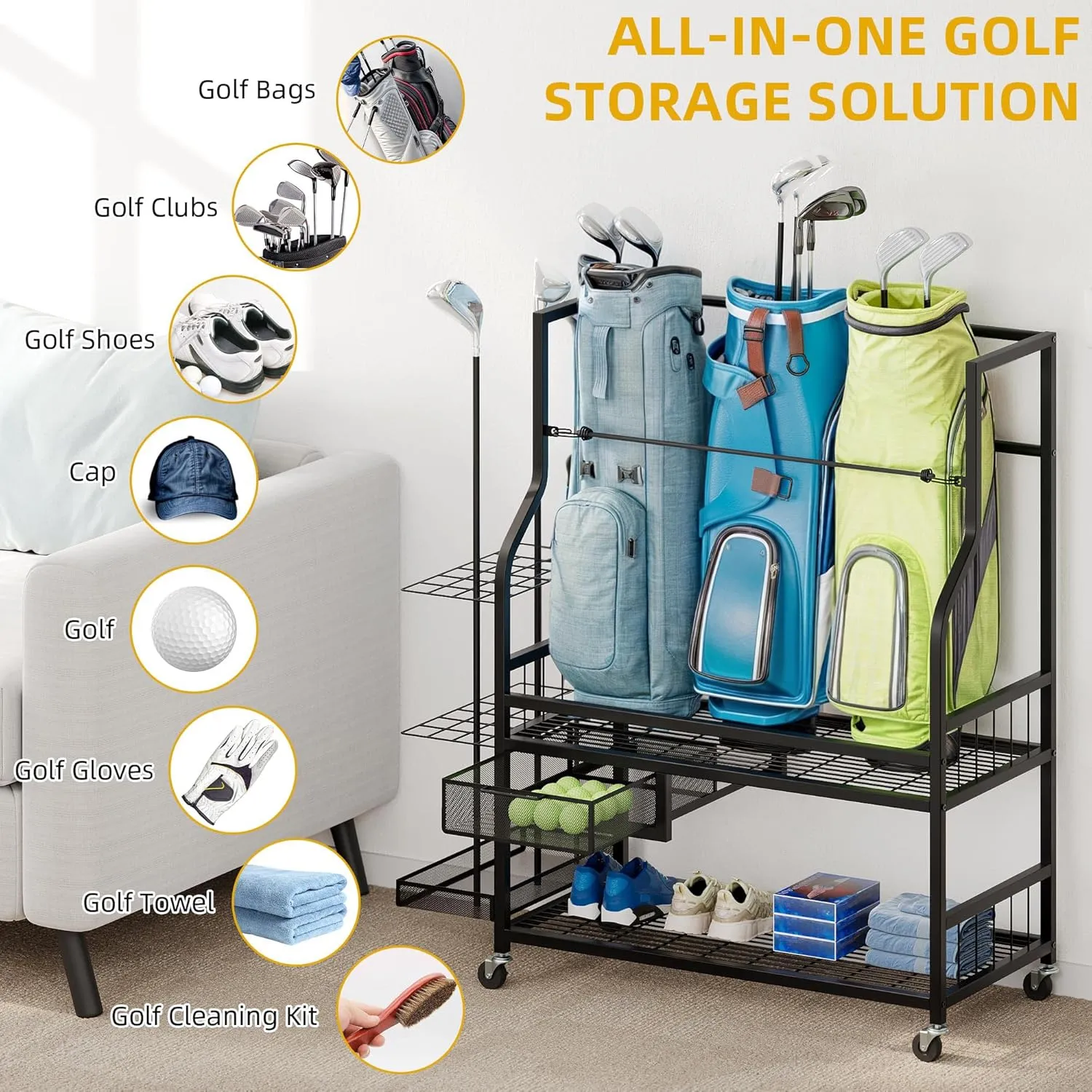 DWVO Golf Bag Organizer for Garage, Golf Storage Organizer w/Wheels for Garage Club and Shed, Golf Bag Storage Rack w/Drawer for Golf Bags, Clubs, Balls and Other Equipment Accessories