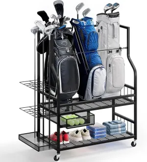 DWVO Golf Bag Organizer for Garage, Golf Storage Organizer w/Wheels for Garage Club and Shed, Golf Bag Storage Rack w/Drawer for Golf Bags, Clubs, Balls and Other Equipment Accessories