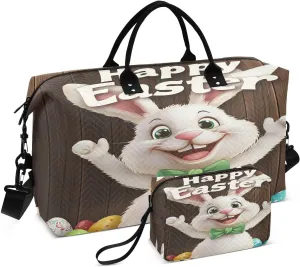 Easter Cute Rabbit and Egg Travel Duffel Bags 2PCS,Sports Duffel Bags for Men Women,Weekender Overnight Bag Gym Tote Bag with Toiletry Bag