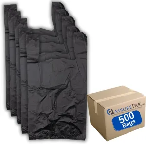 Easy Open - Black Unprinted HDPE T-Shirt Bags - 1/6 BBL 11.5"X6"X21" - 500 Bags - 17 microns - Black - 20020-EO