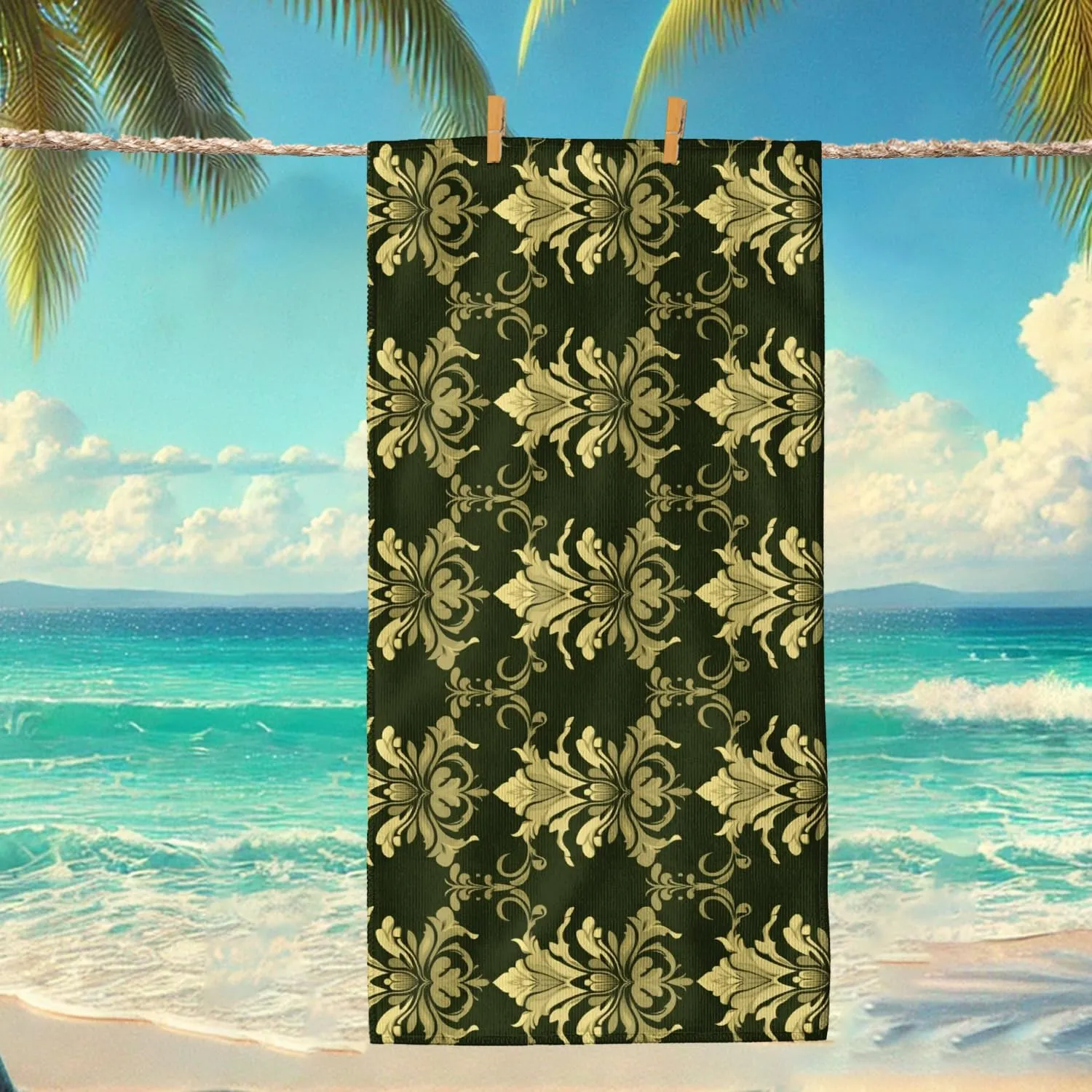 Elegant Gold Floral Beach Towel Soft Microfiber Extra Large Green Vintage Pattern, Quick Dry Sand Free Lightweight Bath Blanket, Outdoor Travel Essentials Picnic Spa 62x31 Inch