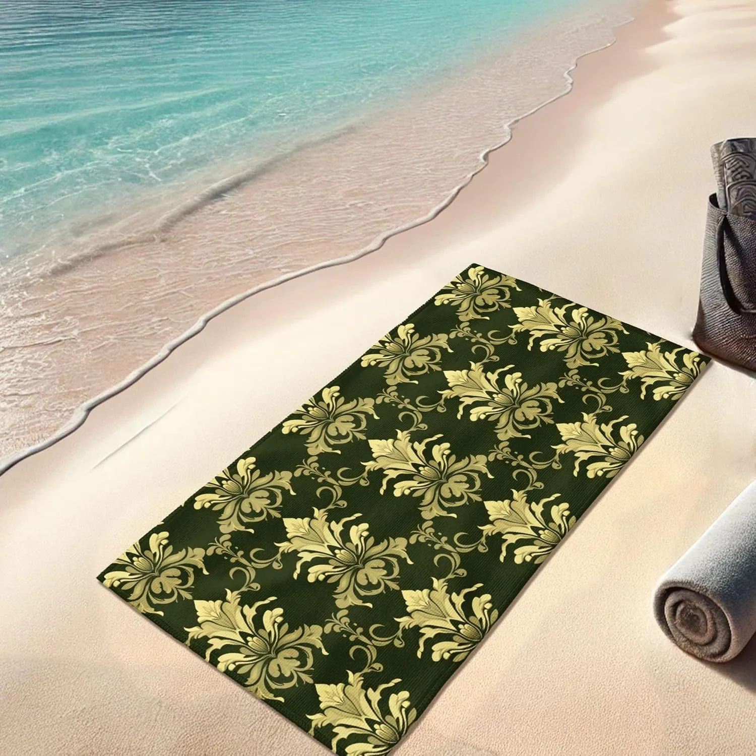 Elegant Gold Floral Beach Towel Soft Microfiber Extra Large Green Vintage Pattern, Quick Dry Sand Free Lightweight Bath Blanket, Outdoor Travel Essentials Picnic Spa 62x31 Inch