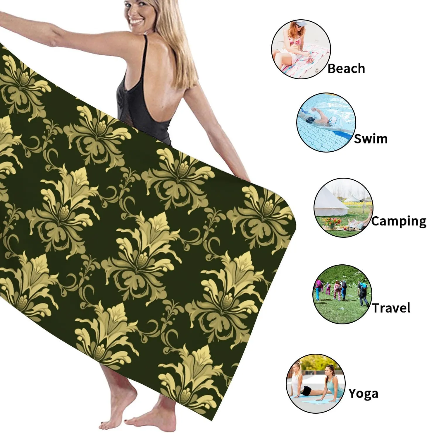 Elegant Gold Floral Beach Towel Soft Microfiber Extra Large Green Vintage Pattern, Quick Dry Sand Free Lightweight Bath Blanket, Outdoor Travel Essentials Picnic Spa 62x31 Inch