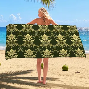 Elegant Gold Floral Beach Towel Soft Microfiber Extra Large Green Vintage Pattern, Quick Dry Sand Free Lightweight Bath Blanket, Outdoor Travel Essentials Picnic Spa 62x31 Inch