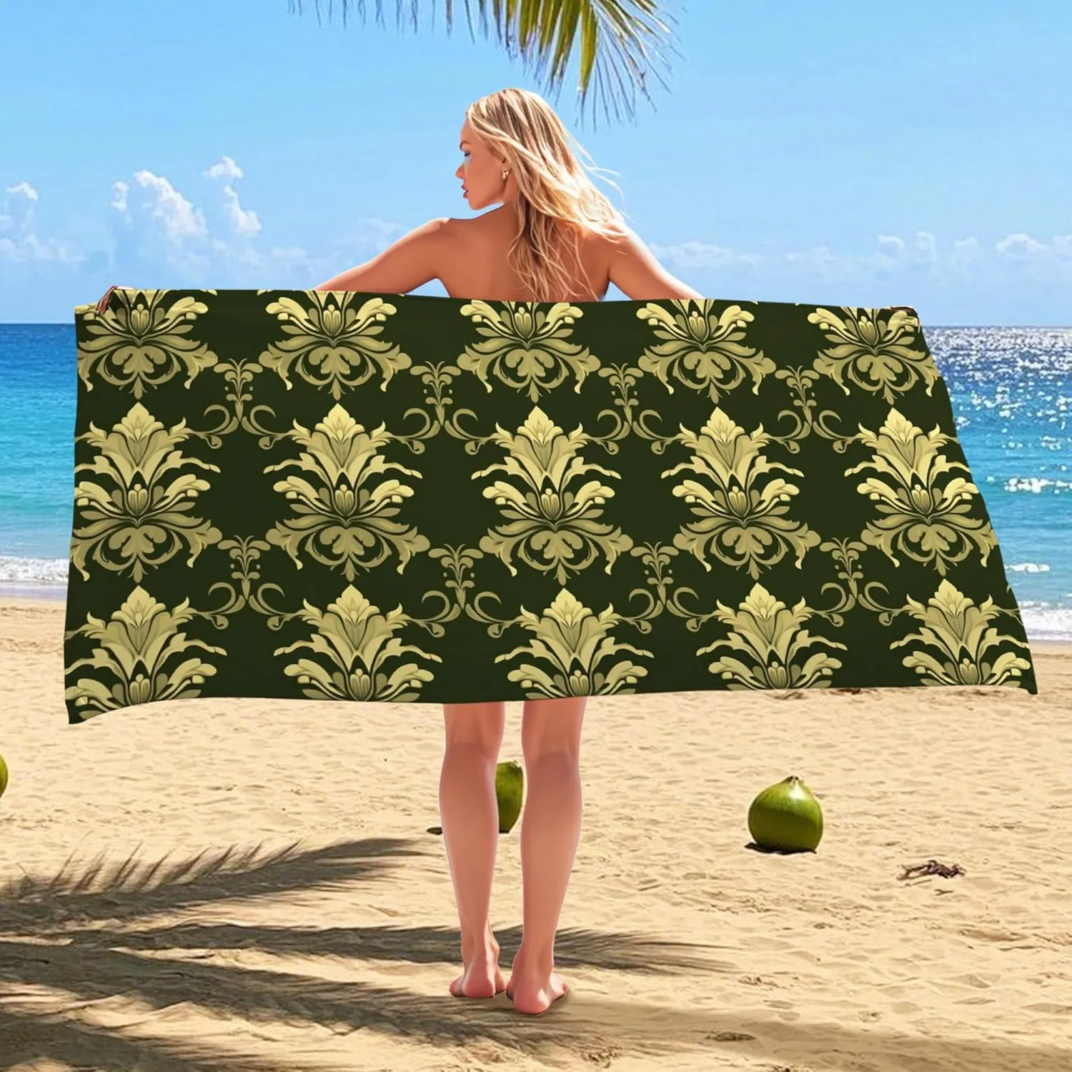 Elegant Gold Floral Beach Towel Soft Microfiber Extra Large Green Vintage Pattern, Quick Dry Sand Free Lightweight Bath Blanket, Outdoor Travel Essentials Picnic Spa 62x31 Inch