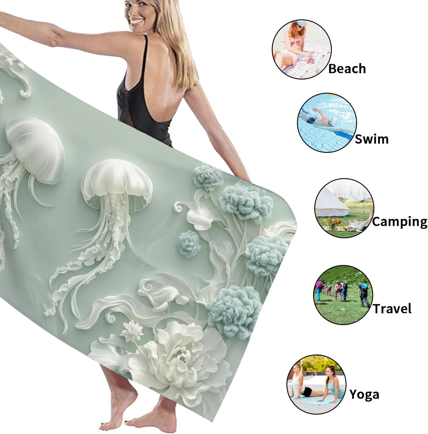 Elegant Jellyfish Microfiber Beach Towel Aqua Coastal Art Bath Towel, Quick Dry Absorbent Soft Sand Free Lightweight Beach Blanket, Ocean Vacation Picnic Essentials 62x31 Inch