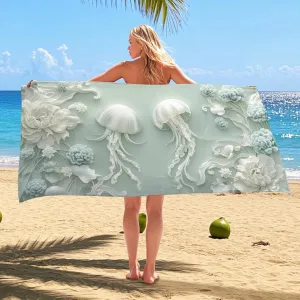 Elegant Jellyfish Microfiber Beach Towel Aqua Coastal Art Bath Towel, Quick Dry Absorbent Soft Sand Free Lightweight Beach Blanket, Ocean Vacation Picnic Essentials 62x31 Inch