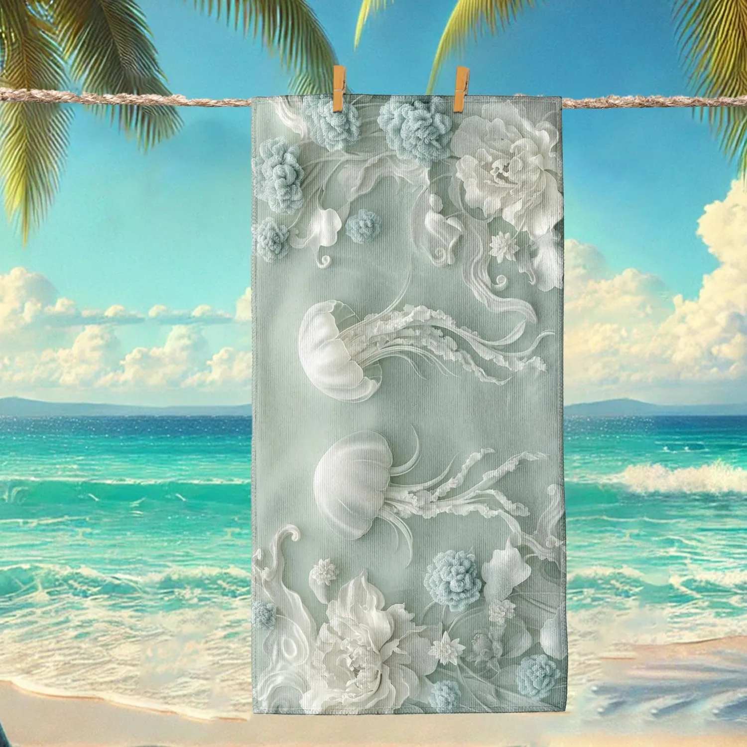 Elegant Jellyfish Microfiber Beach Towel Aqua Coastal Art Bath Towel, Quick Dry Absorbent Soft Sand Free Lightweight Beach Blanket, Ocean Vacation Picnic Essentials 62x31 Inch