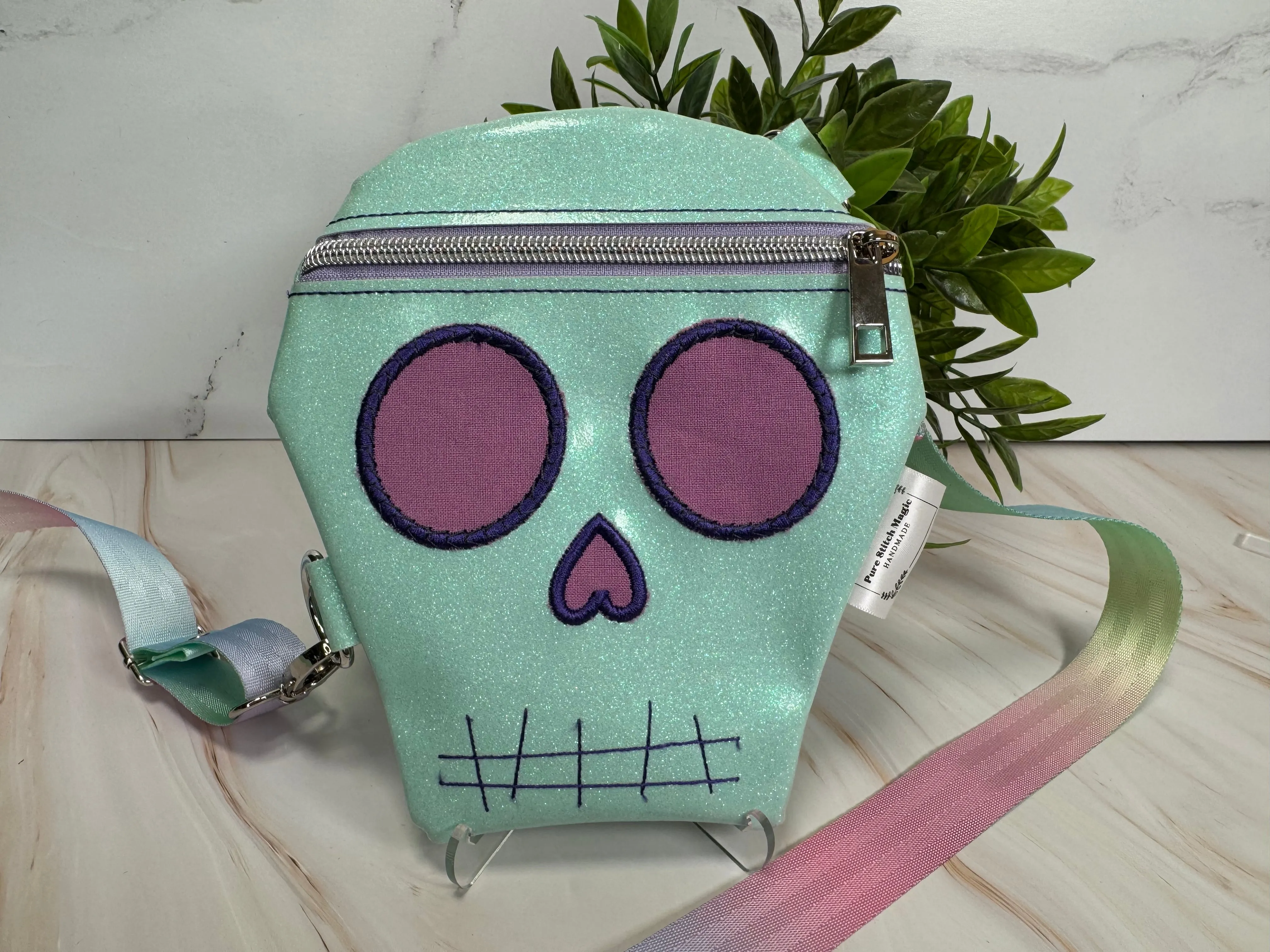Embroidered Skull Crossbody Bag- Mint Glow In The Dark