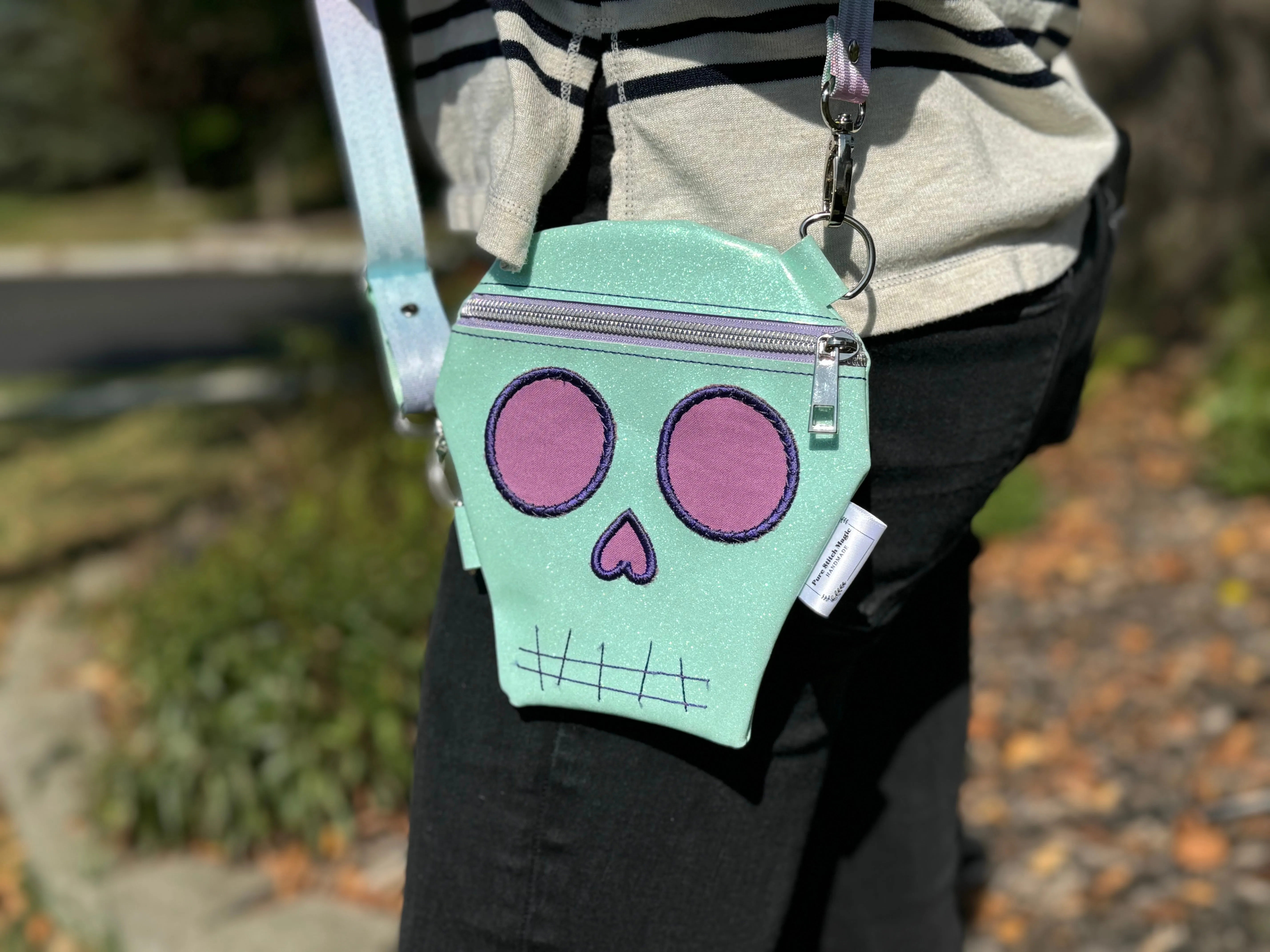 Embroidered Skull Crossbody Bag- Mint Glow In The Dark