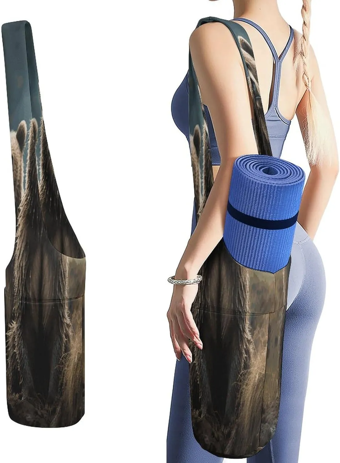 Encounter Animal Bear Yoga Mat Bag Canvas Long Tote Yoga Mat with Water Bottle Pockets Large Travel Gym Bag Multi-Functional Fitness Storage Bag Carrier Holder Bag