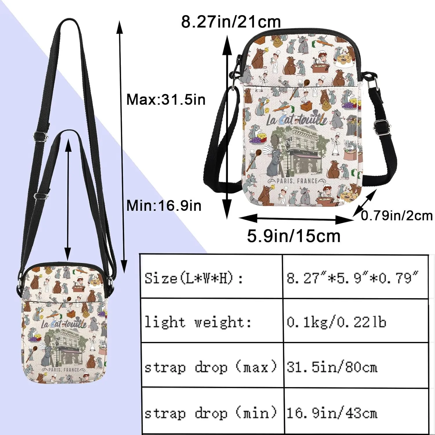ENSIANTH La Cartoon Paris France Inspired Crossbody Bag Anyone Can Cook Gift Mouse Chef Movie Mech Rat Bag