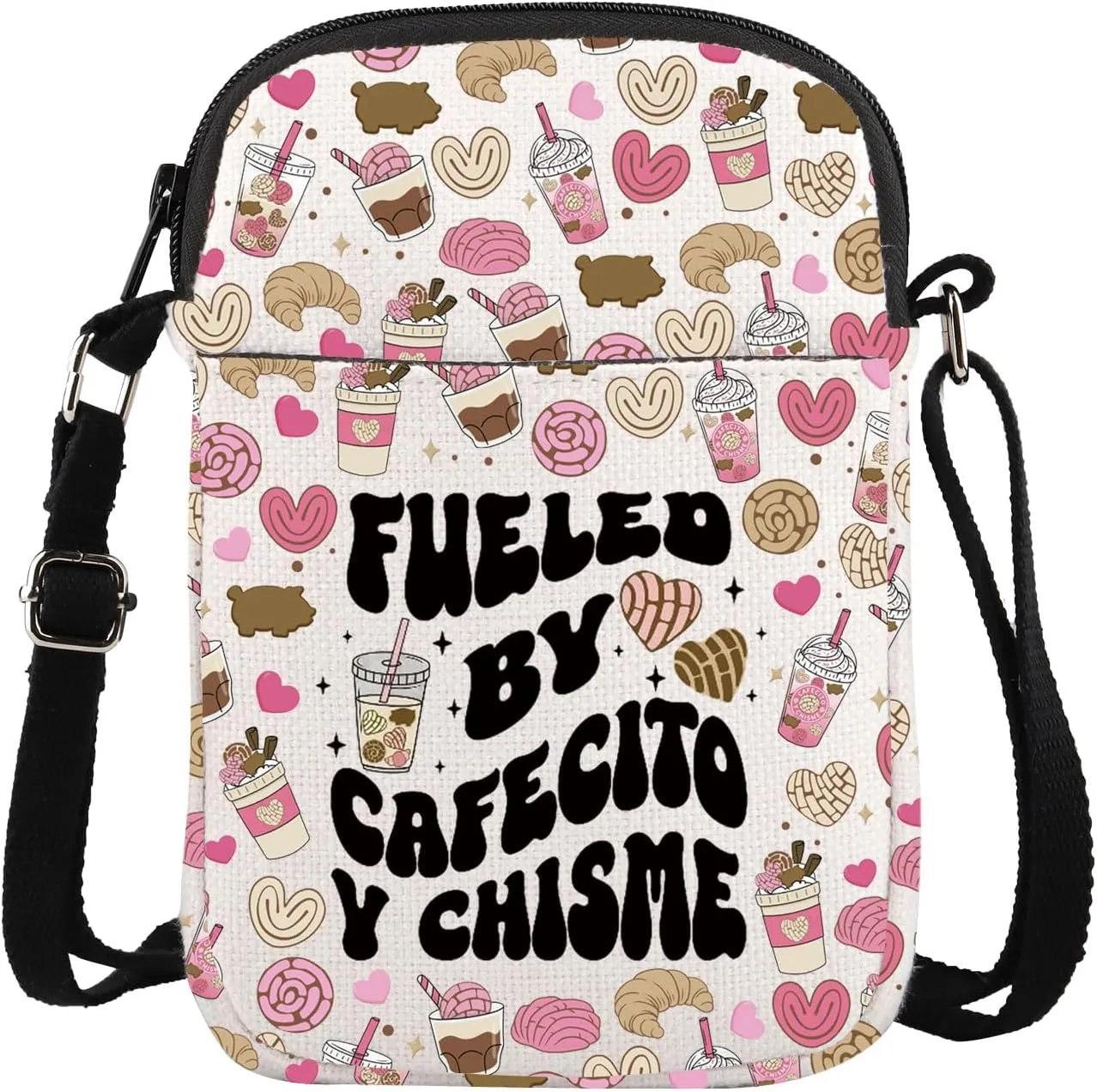 ENSIANTH Mexican Latina Coffee Gift Pan Dulce Concha Lover Crossbody Bag Fueled By Cafecito Y Chisme Gift Latina Mom Gift