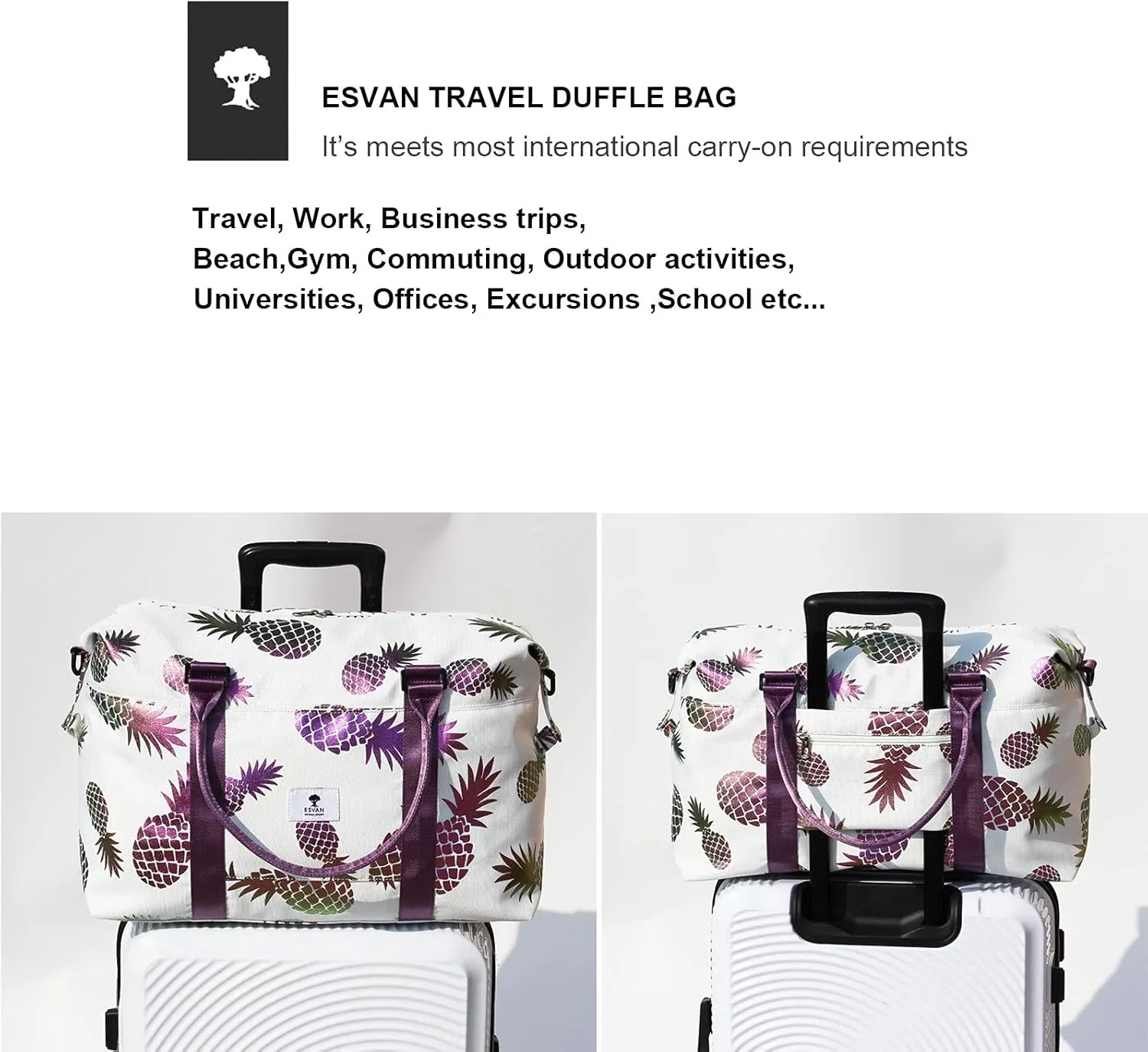 ESVAN Travel Tote Duffel Gym Bag,Weekender Overnight Carry-on Tote Crossbody Bag with Wet Pocket and Trolley Sleeve Upgraded