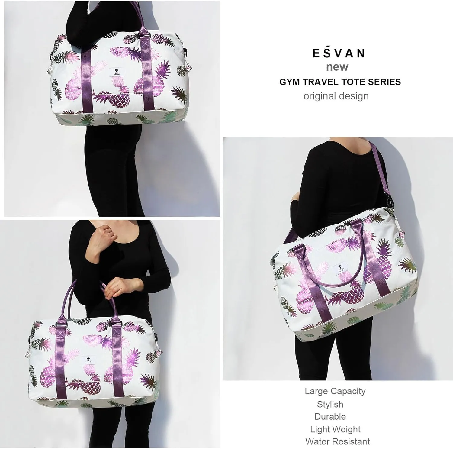 ESVAN Travel Tote Duffel Gym Bag,Weekender Overnight Carry-on Tote Crossbody Bag with Wet Pocket and Trolley Sleeve Upgraded