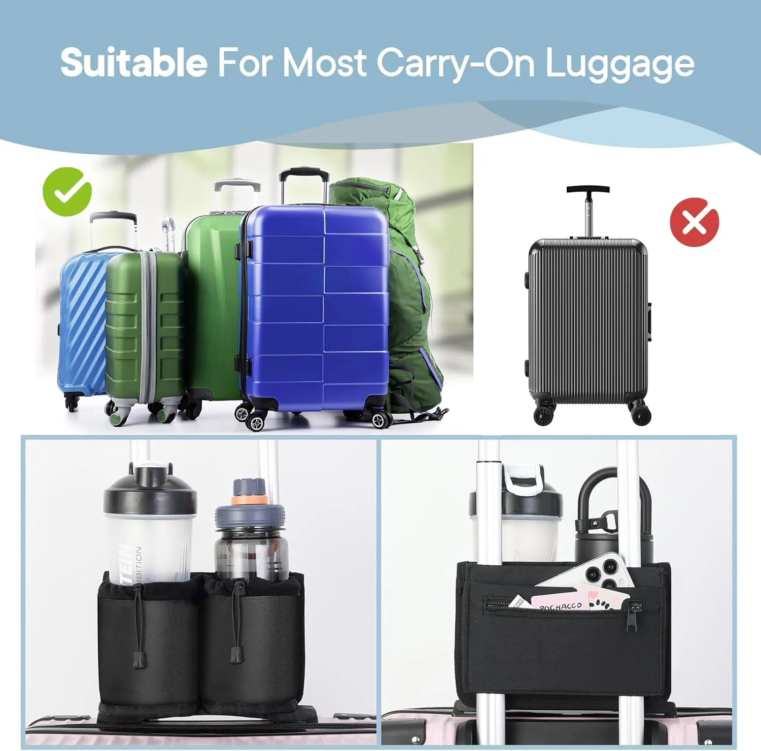 Extra Luggage Cup Holder Free Hand Drink Caddy for Suitcases to Travel and Business Trip,Travel Must Haves for Men & Women,Holds Two Coffee Cups,Passport,Flight Attendant Essential Organizer-Black