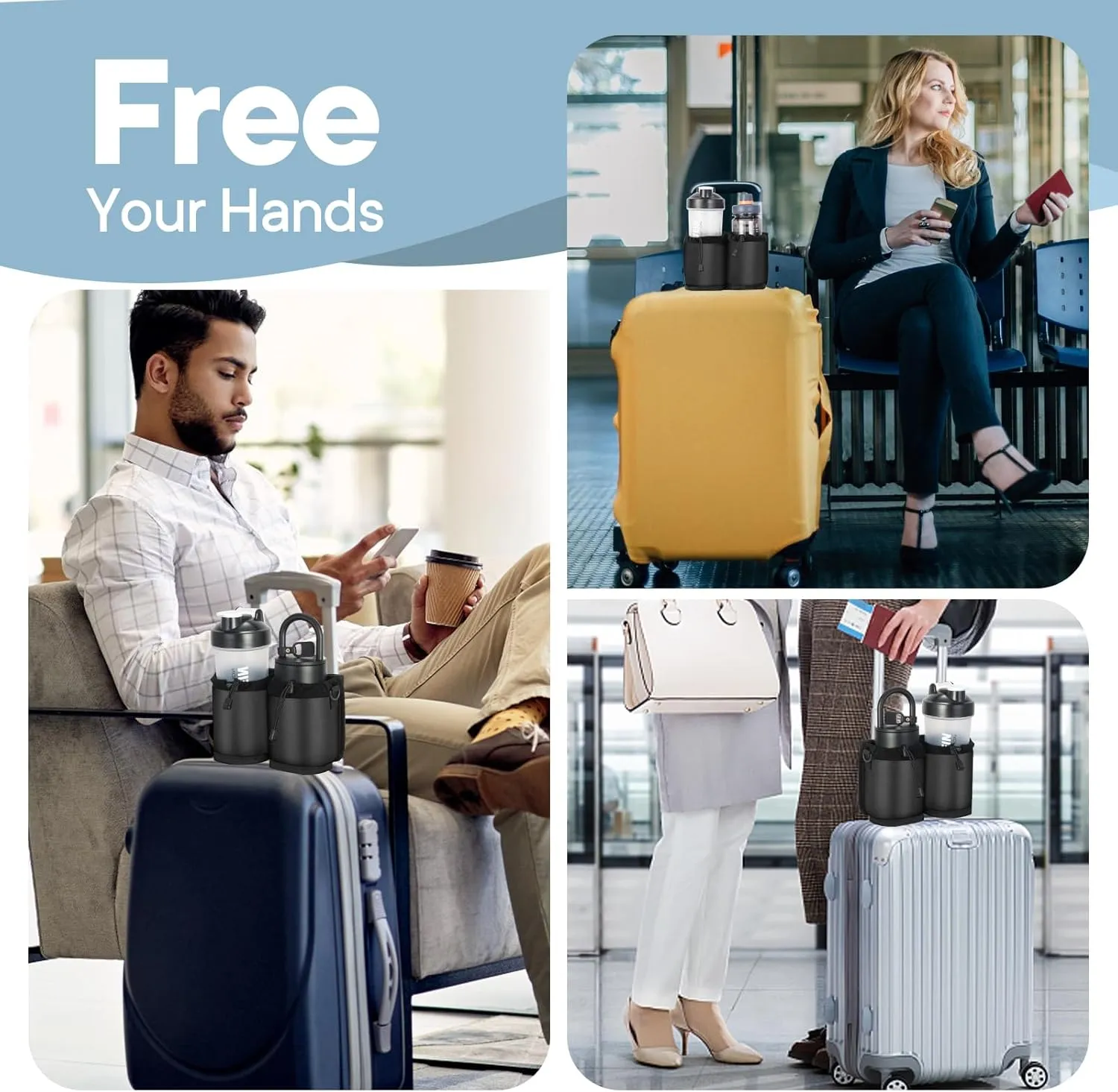 Extra Luggage Cup Holder Free Hand Drink Caddy for Suitcases to Travel and Business Trip,Travel Must Haves for Men & Women,Holds Two Coffee Cups,Passport,Flight Attendant Essential Organizer-Black