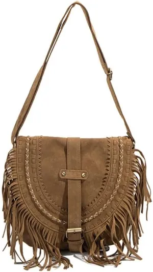 Faux Suede Fringe Hobo Satchel,Tassel Shoulder Tote Bag,Vintage Crossbody Messenger Bag, Hippie Handbag For Women, One Color, One Size