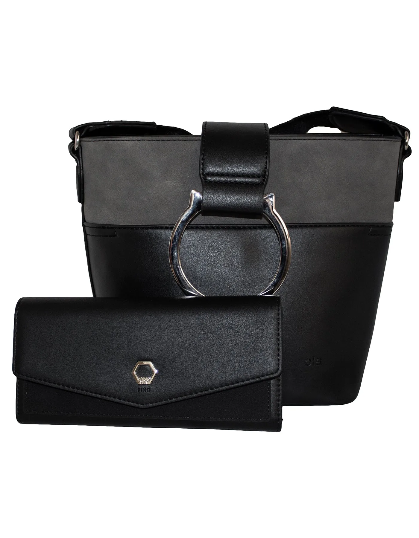 Fino G-9106 5618 Faux Leather Shoulder Bag & Purse Set - Black