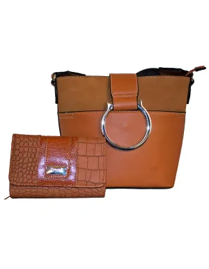 Fino G-9106 975-093 Faux Leather Crossbody Shoulder Bag & Purse Set- Brown