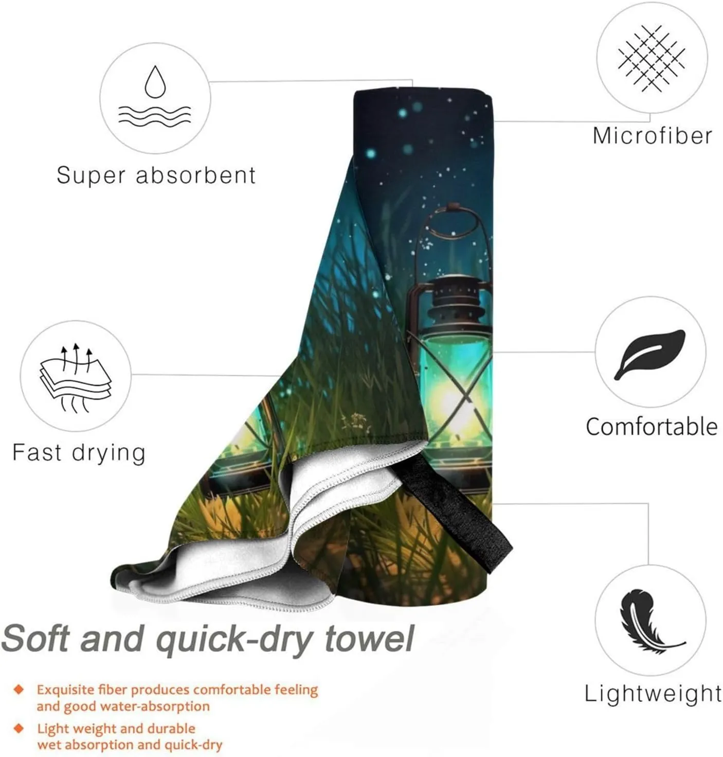 Fireflies and Lantern Premium Compact Microfiber Travel Towel-Featherlight & Quick Dry,Sand-Resistant Beach Towel for Swimming,Camping,Vacation Essentials with Carry Pouch