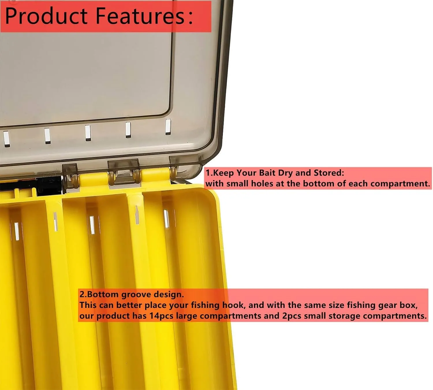 Fishing Tackle Boxes Lure Organizer: 2 Packs Hard Bait Storage Box - Double Sided Fishing Lure Case with 14 Compartments Container (Yellow, L)