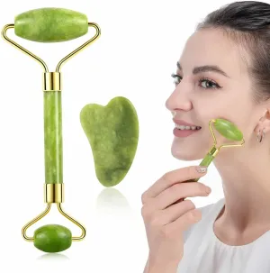 Flafwless Facial Massager Jade Roller & Gua Sha Tool Natural Himalayan Stone for Face Neck Healing Skin Wrinkles & Serum Application