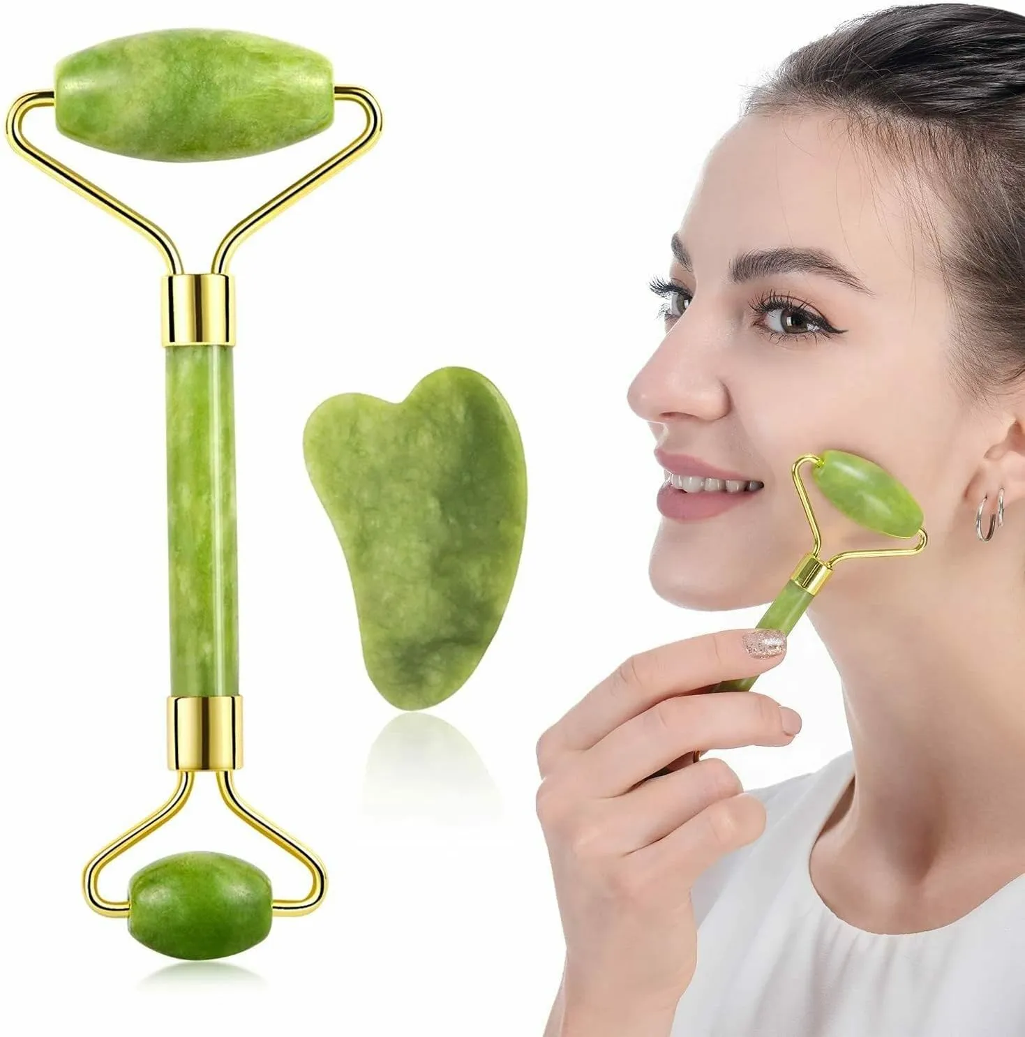 Flafwless Facial Massager Jade Roller & Gua Sha Tool Natural Himalayan Stone for Face Neck Healing Skin Wrinkles & Serum Application