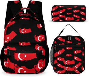 Flag Map of Turkey Cute Backpack Set with Lunch Bag and Pencil Case Lightweight Bags Sets