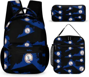 Flag Map of Virginia Cute Backpack Set with Lunch Bag and Pencil Case Lightweight Bags Sets