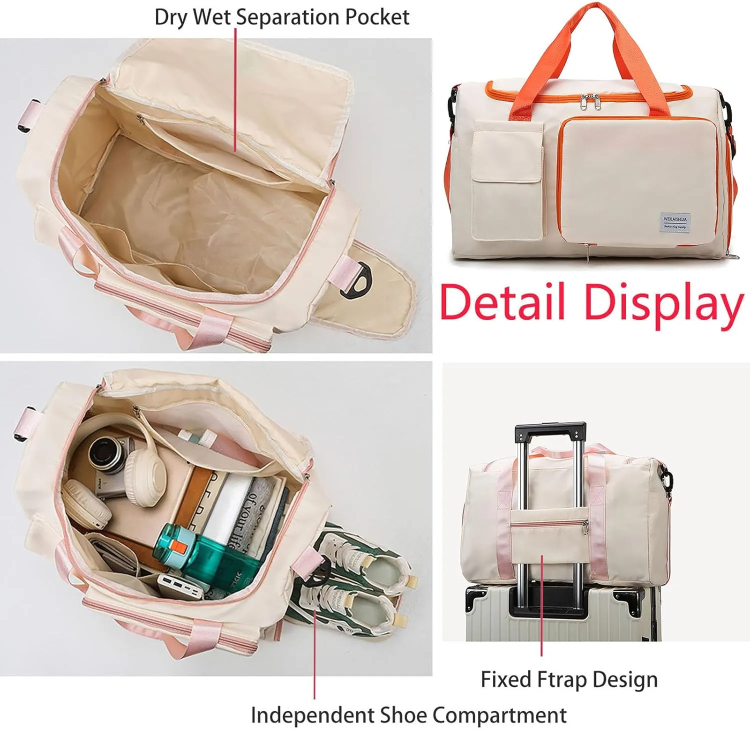 Foldable Tote Travel Duffel Bag Dry Wet Separation Sports Duffle Bag with Shoes Compartment Weekender Overnight Bag for Women (White Orange)