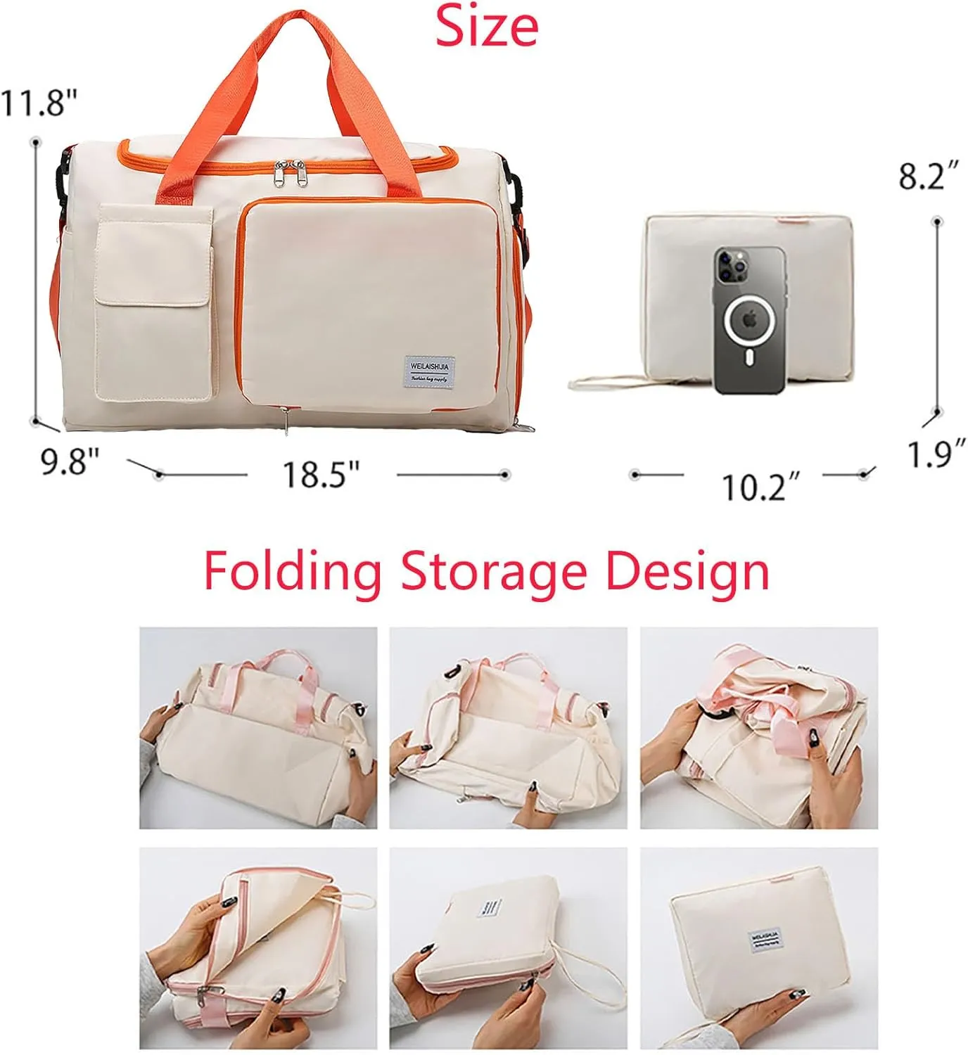 Foldable Tote Travel Duffel Bag Dry Wet Separation Sports Duffle Bag with Shoes Compartment Weekender Overnight Bag for Women (White Orange)