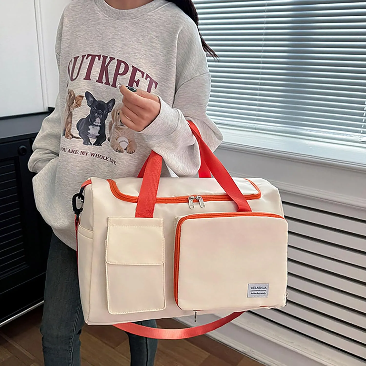 Foldable Tote Travel Duffel Bag Dry Wet Separation Sports Duffle Bag with Shoes Compartment Weekender Overnight Bag for Women (White Orange)