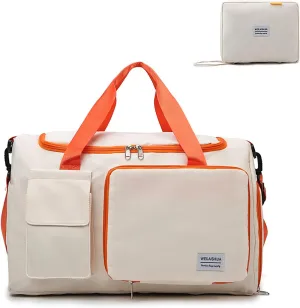 Foldable Tote Travel Duffel Bag Dry Wet Separation Sports Duffle Bag with Shoes Compartment Weekender Overnight Bag for Women (White Orange)