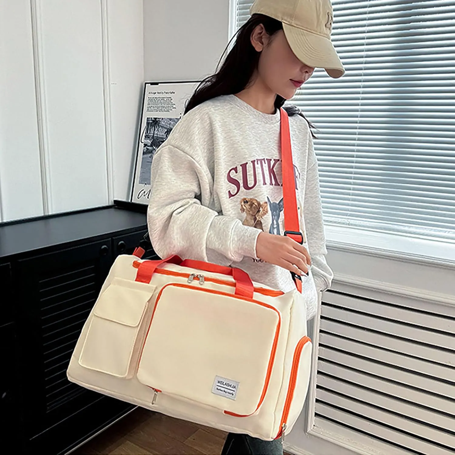 Foldable Tote Travel Duffel Bag Dry Wet Separation Sports Duffle Bag with Shoes Compartment Weekender Overnight Bag for Women (White Orange)