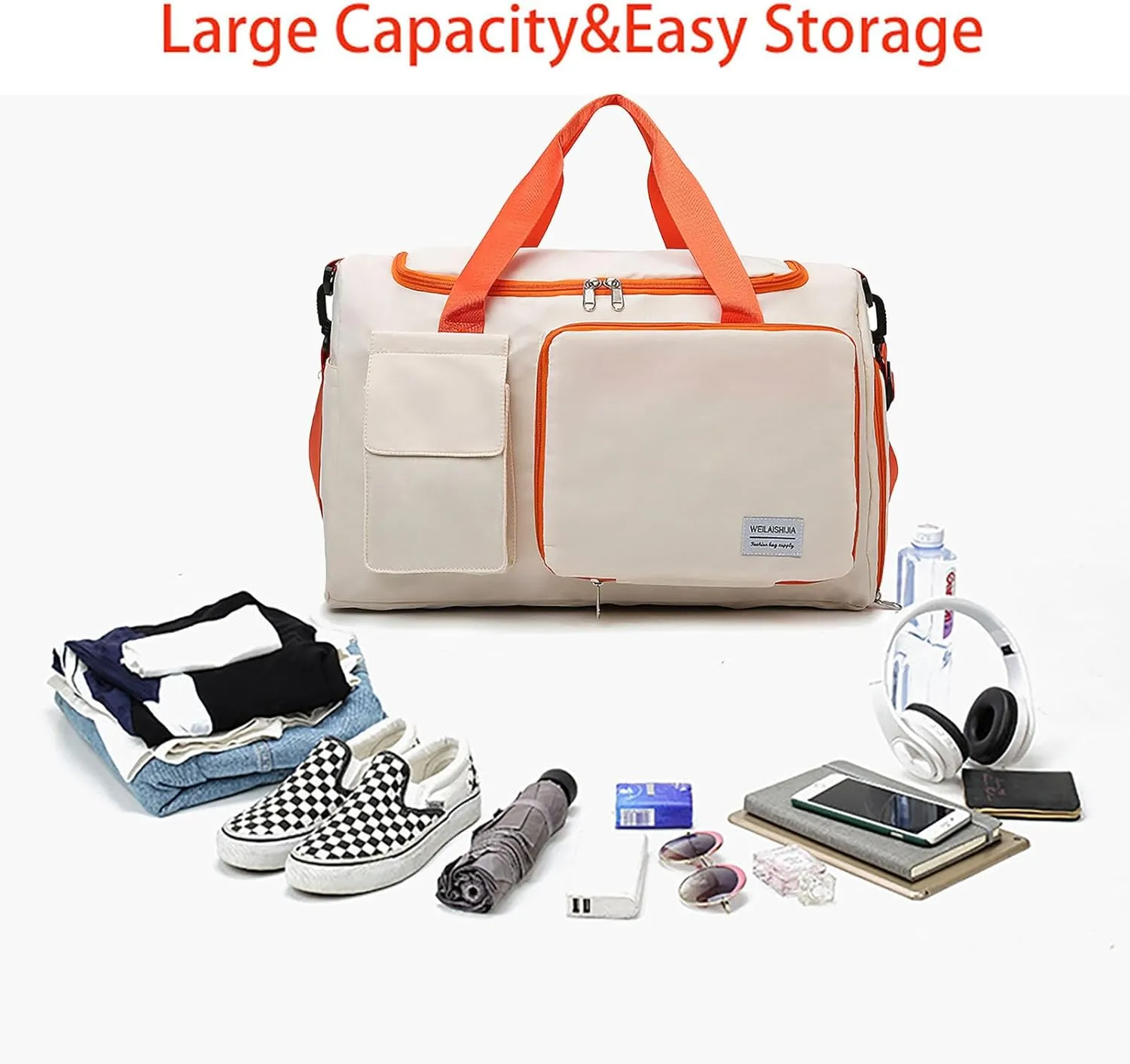 Foldable Tote Travel Duffel Bag Dry Wet Separation Sports Duffle Bag with Shoes Compartment Weekender Overnight Bag for Women (White Orange)